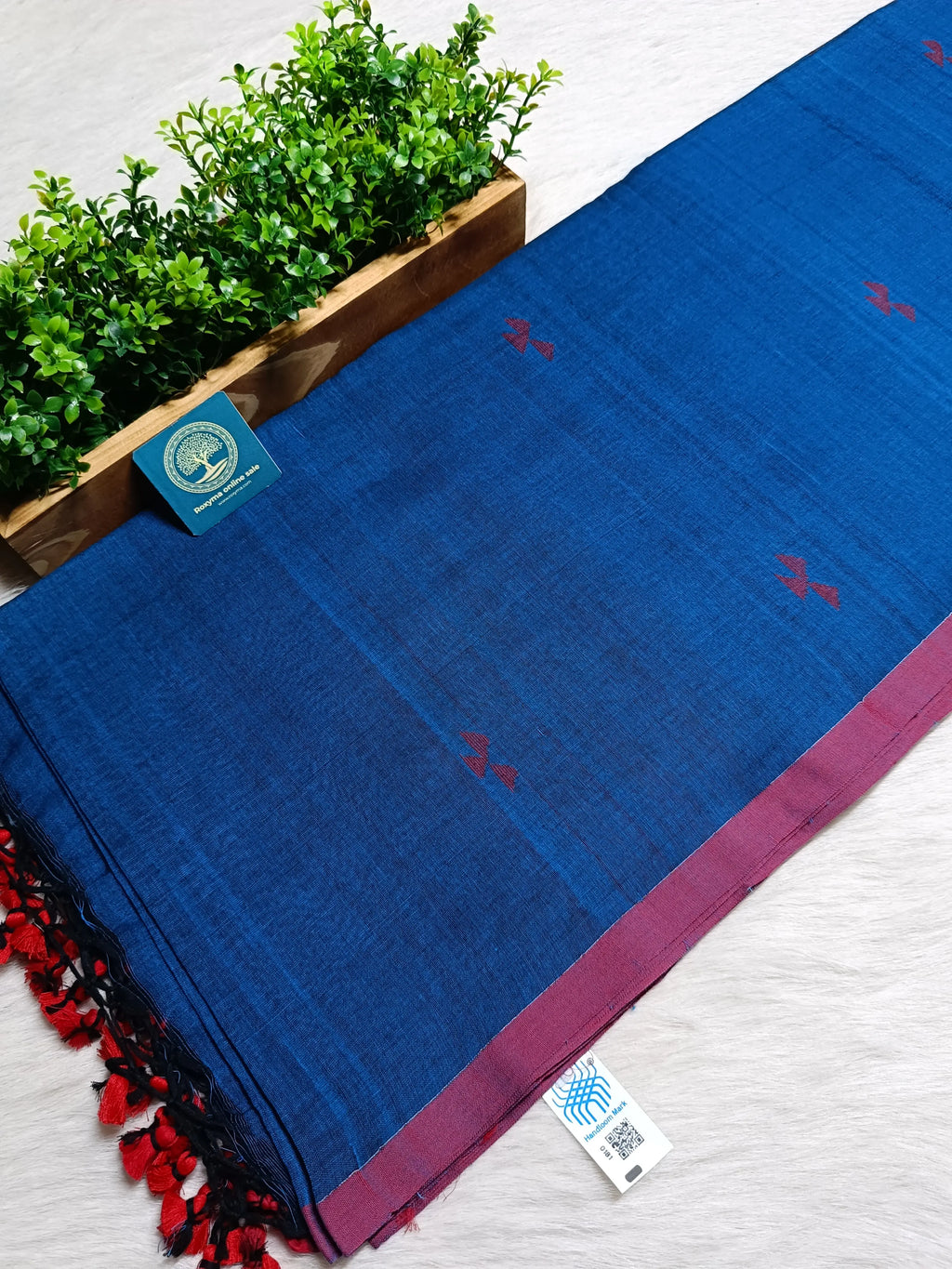 Pure Bengal Handloom Cotton Jamdani Saree in Royal Blue with Red Buti Work & Running Blouse Piece