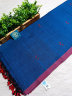 Pure Bengal Handloom Cotton Jamdani Saree in Royal Blue with Red Buti Work & Running Blouse Piece