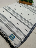 Pure Mull Cotton Jamdani Saree – White & Black Handwoven Bengal Jamdani | Soft Lightweight Cotton Saree with Blouse Piece