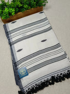 Pure Mull Cotton Jamdani Saree – White & Black Handwoven Bengal Jamdani | Soft Lightweight Cotton Saree with Blouse Piece