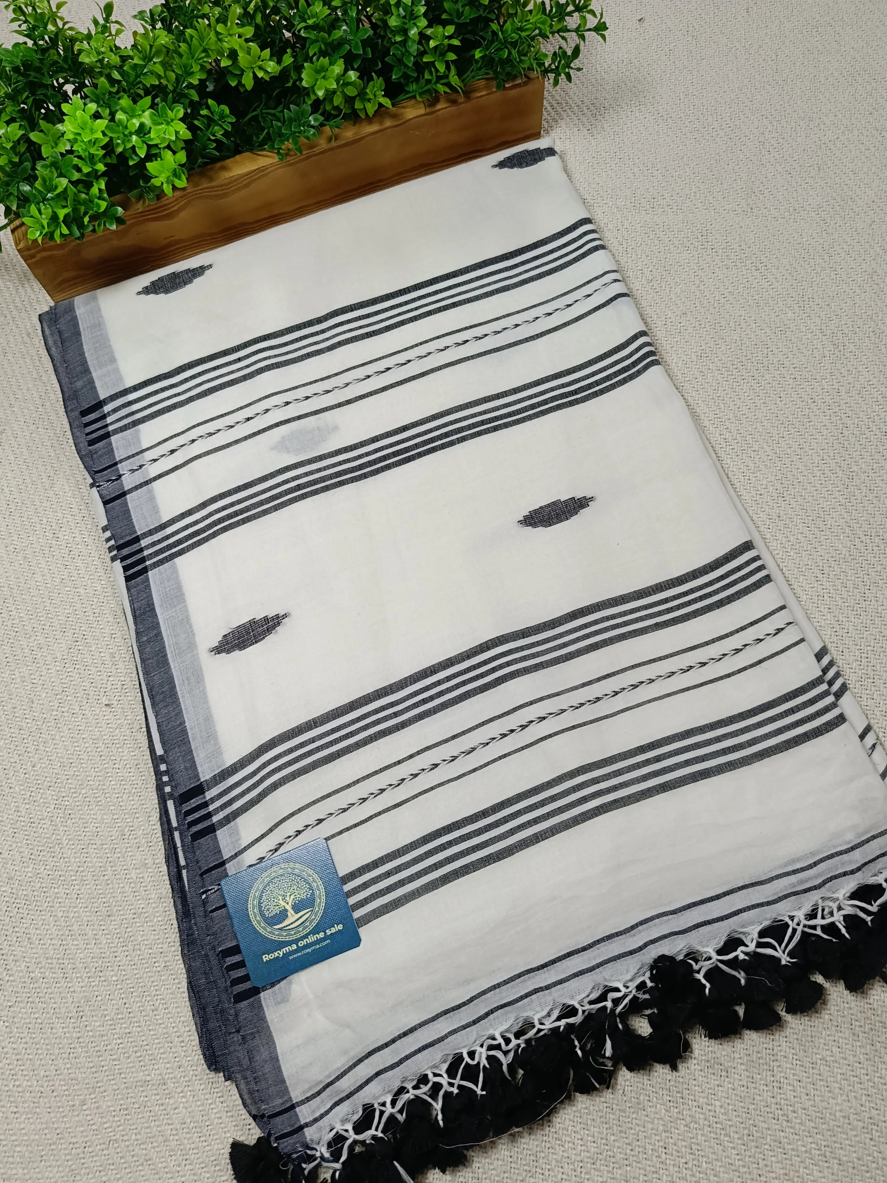 Pure Mull Cotton Jamdani Saree – White & Black Handwoven Bengal Jamdani | Soft Lightweight Cotton Saree with Blouse Piece