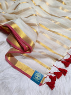 Pure Mull Cotton Saree with Tested Zari Border & Stripes – Off White & Gold Elegant Handloom Saree | Lightweight Soft Cotton