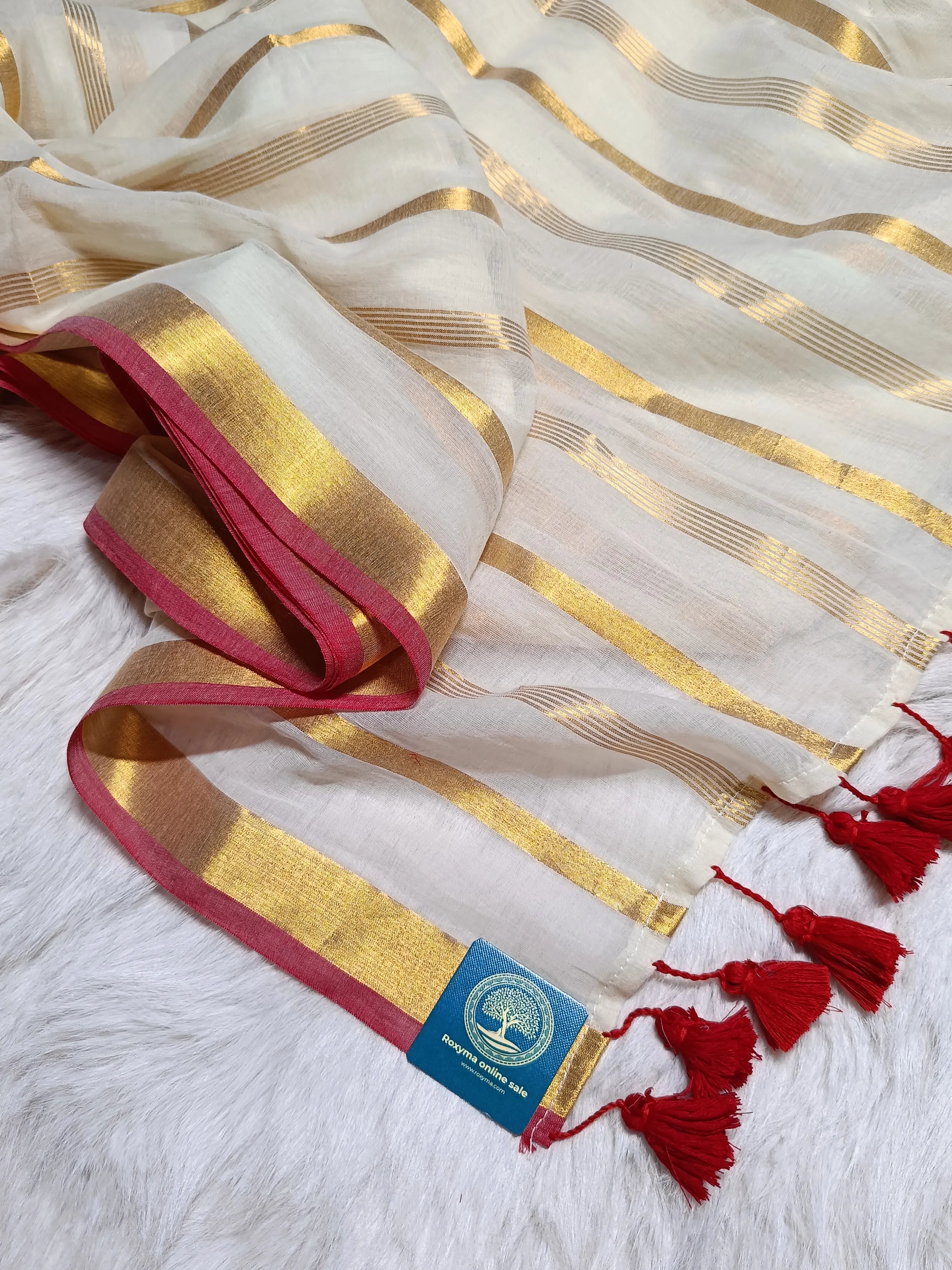 Pure Mull Cotton Saree with Tested Zari Border & Stripes – Off White & Gold Elegant Handloom Saree | Lightweight Soft Cotton