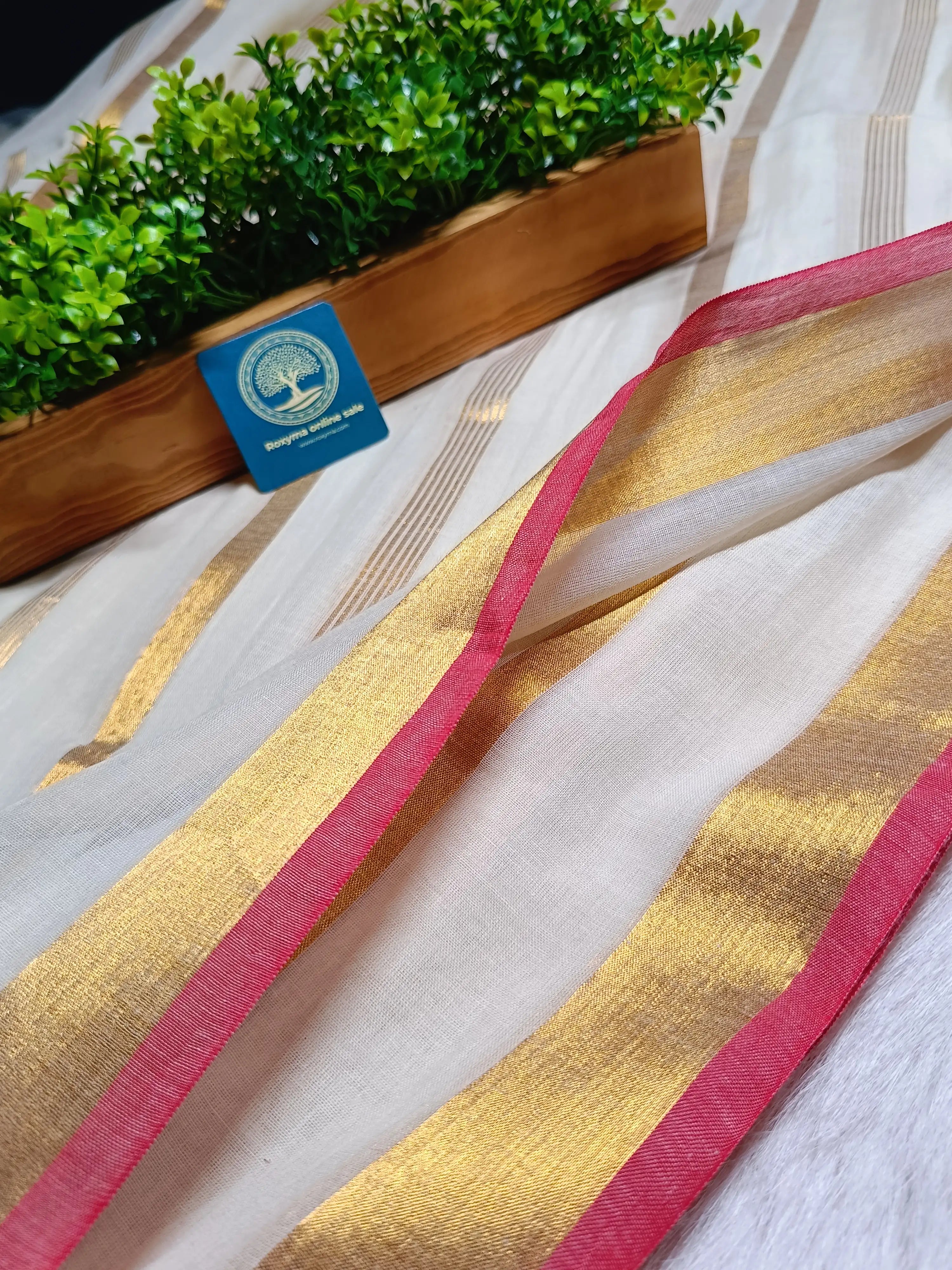 Pure Mull Cotton Saree with Tested Zari Border & Stripes – Off White & Gold Elegant Handloom Saree | Lightweight Soft Cotton
