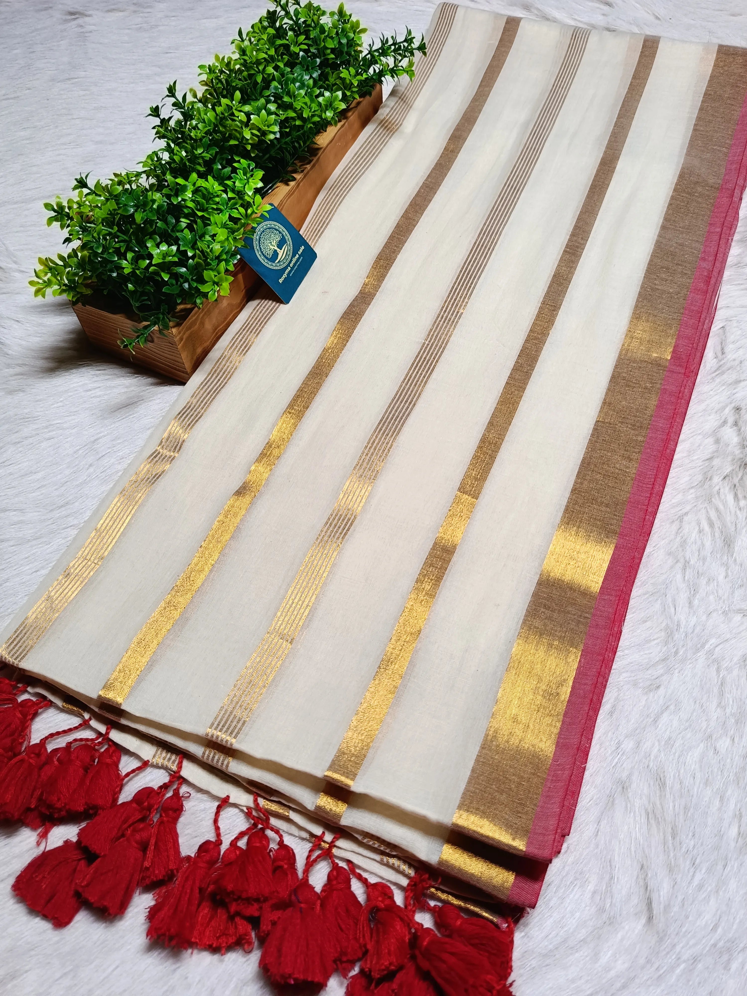Pure Mull Cotton Saree with Tested Zari Border & Stripes – Off White & Gold Elegant Handloom Saree | Lightweight Soft Cotton