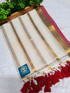 Pure Mull Cotton Saree with Tested Zari Border & Stripes – Off White & Gold Elegant Handloom Saree | Lightweight Soft Cotton