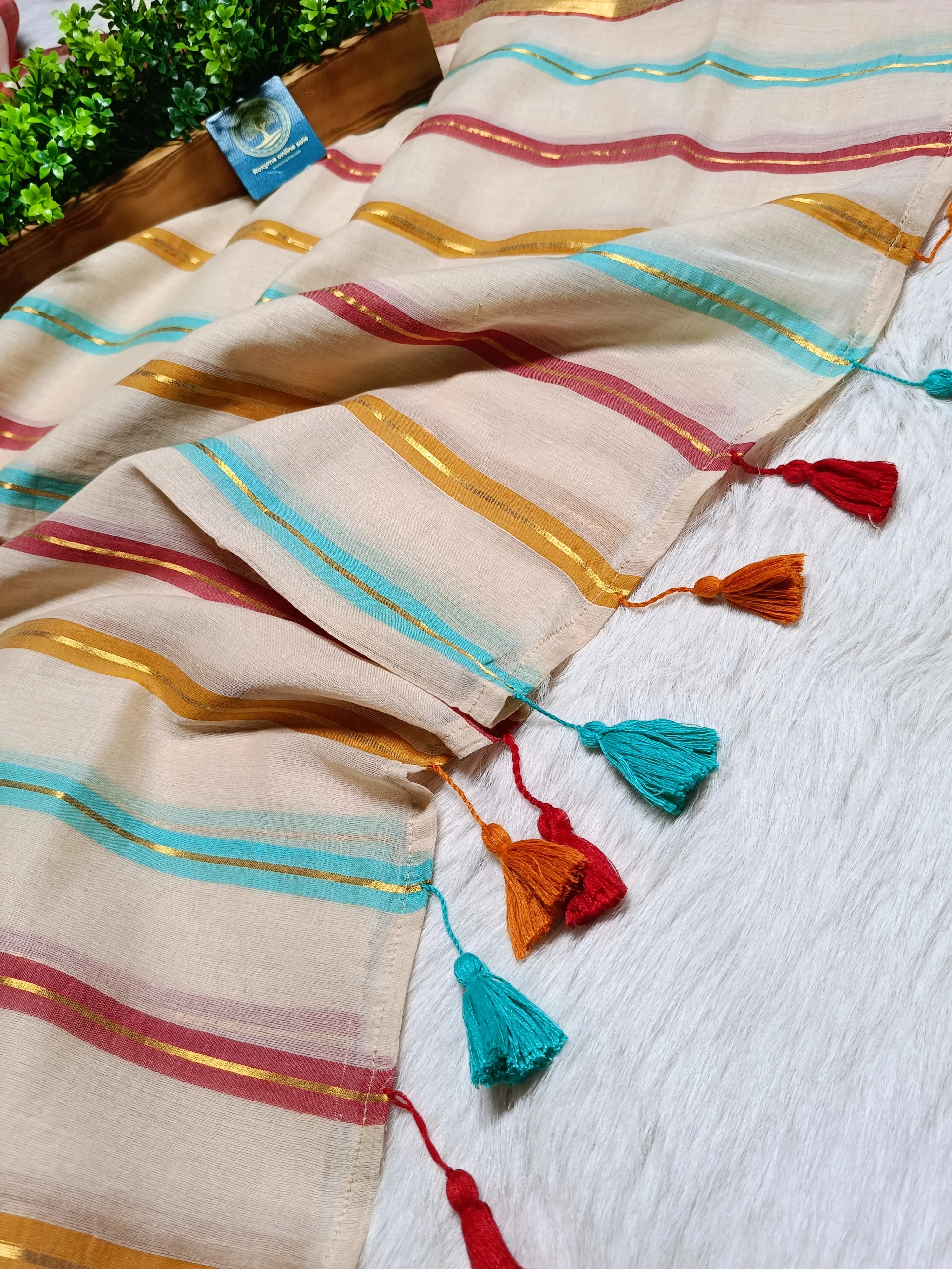 Pure Mull Cotton Saree with Tested Zari Stripes – Beige Multicolour Elegant Handloom Saree | Soft Lightweight Cotton