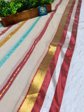 Pure Mull Cotton Saree with Tested Zari Stripes – Beige Multicolour Elegant Handloom Saree | Soft Lightweight Cotton