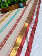 Pure Mull Cotton Saree with Tested Zari Stripes – Beige Multicolour Elegant Handloom Saree | Soft Lightweight Cotton