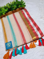 Pure Mull Cotton Saree with Tested Zari Stripes – Beige Multicolour Elegant Handloom Saree | Soft Lightweight Cotton