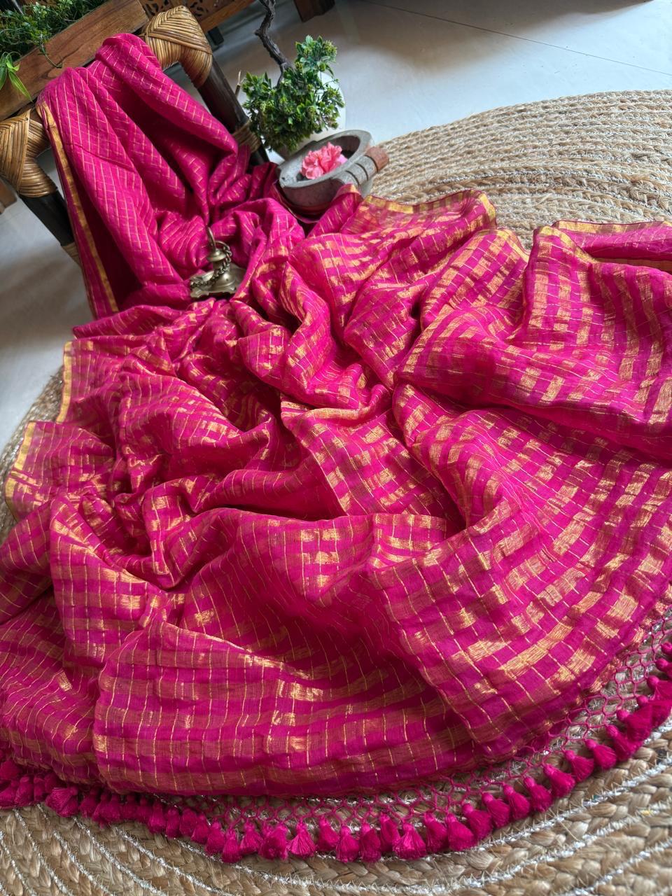 Pure Mull Cotton Zari Check Saree – Handwoven Lightweight Festive Saree with Tassel Pallu