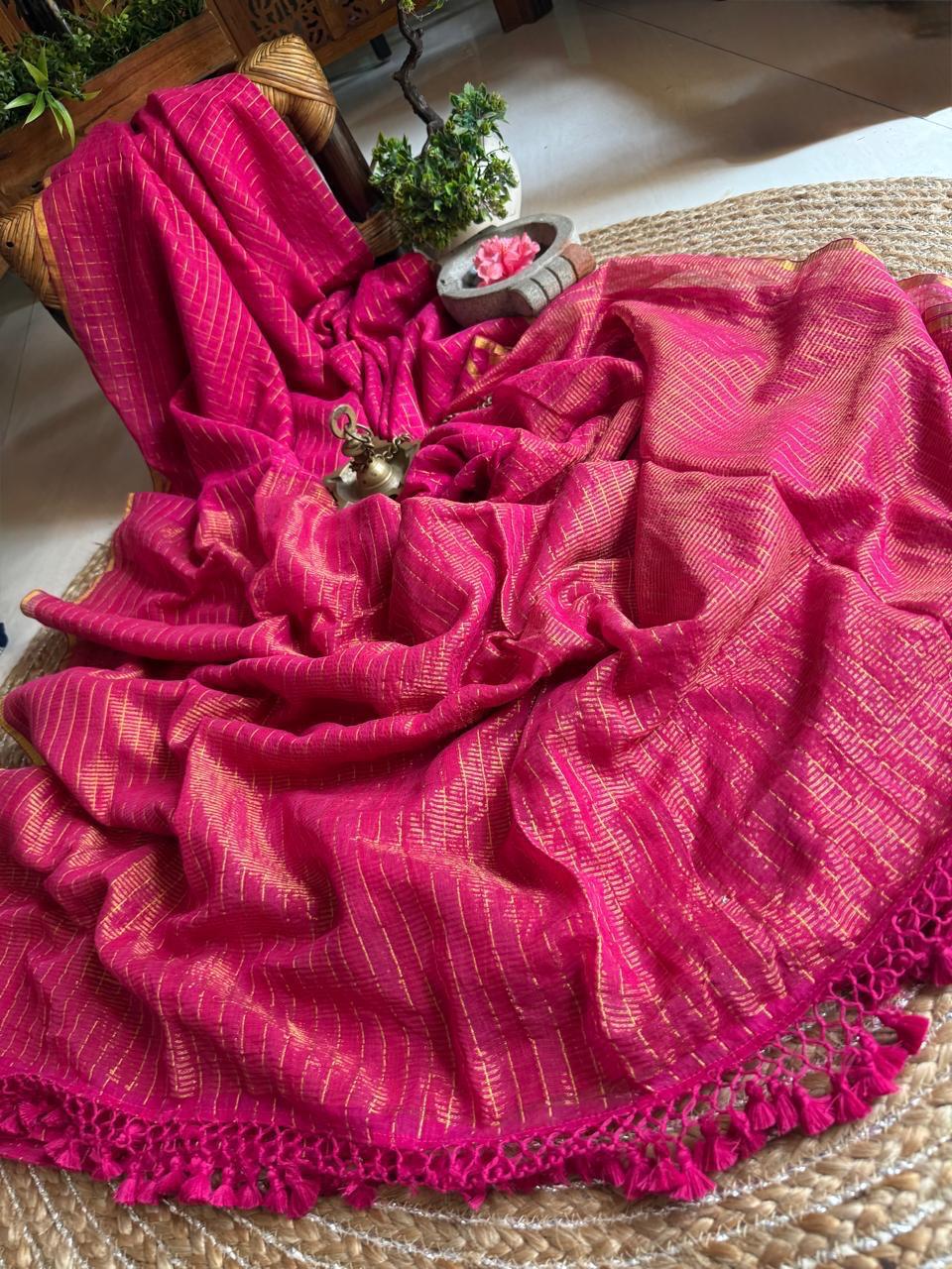 Pure Mull Cotton Zari Check Saree – Handwoven Lightweight Festive Saree with Tassel Pallu