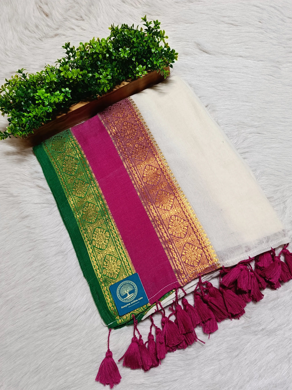 Pure Mulmul Cotton Saree with Rich Zari Border – Soft Handloom Cotton Saree in Off-White with Pink & Green Border