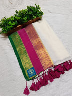 Pure Mulmul Cotton Saree with Rich Zari Border – Soft Handloom Cotton Saree in Off-White with Pink & Green Border