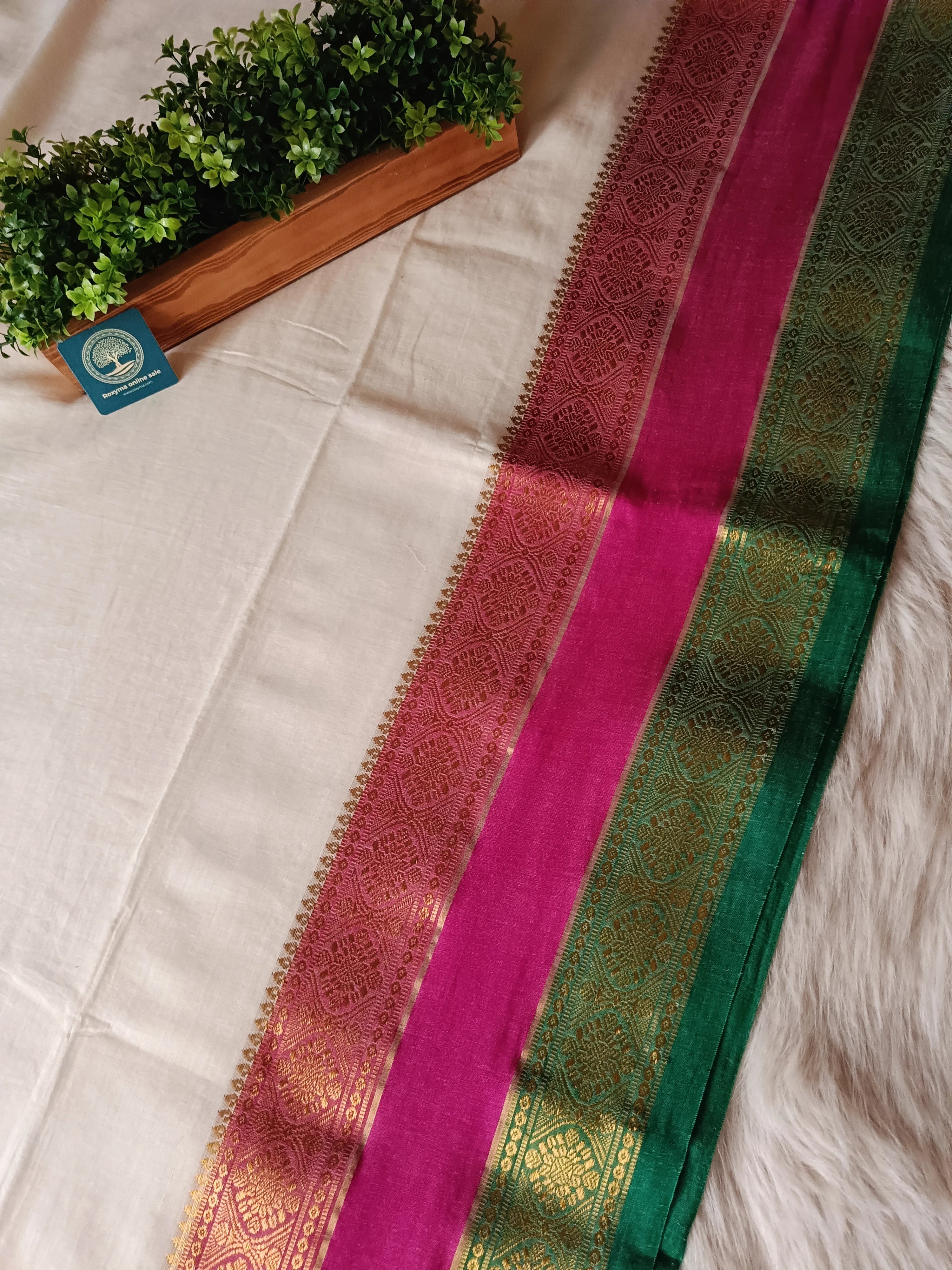 Pure Mulmul Cotton Saree with Rich Zari Border – Soft Handloom Cotton Saree in Off-White with Pink & Green Border