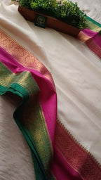 Pure Mulmul Cotton Saree with Rich Zari Border – Soft Handloom Cotton Saree in Off-White with Pink & Green Border