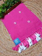 Pure Mulmul Cotton Saree with Seuli Flower Embroidery – Handcrafted Lightweight Bengal Cotton Saree in Pink