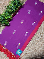 Pure Mulmul Cotton Saree with Seuli Flower Embroidery – Handcrafted Lightweight Bengal Cotton Saree in Purple