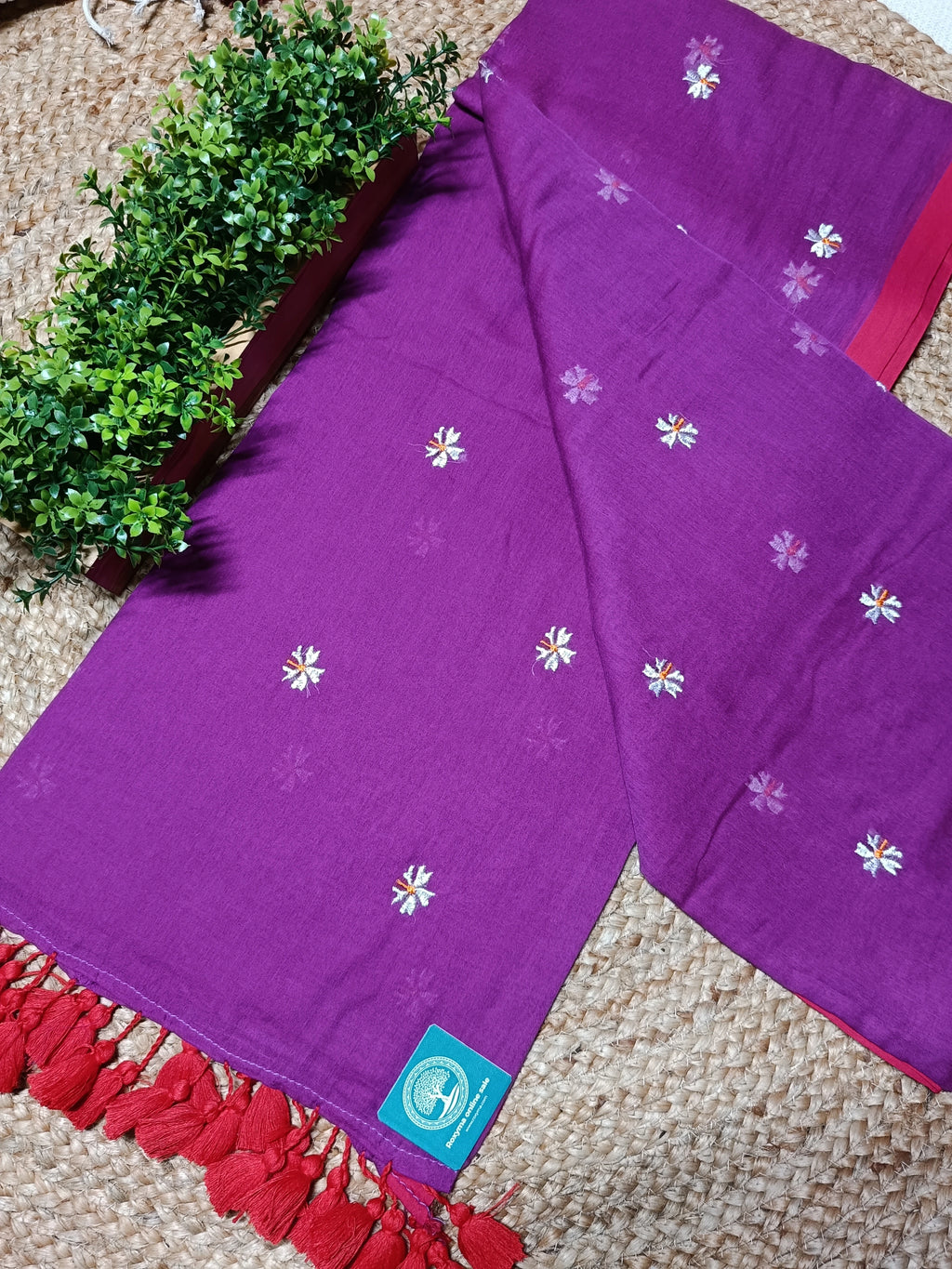Pure Mulmul Cotton Saree with Seuli Flower Embroidery – Handcrafted Lightweight Bengal Cotton Saree in Purple