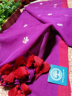 Pure Mulmul Cotton Saree with Seuli Flower Embroidery – Handcrafted Lightweight Bengal Cotton Saree in Purple