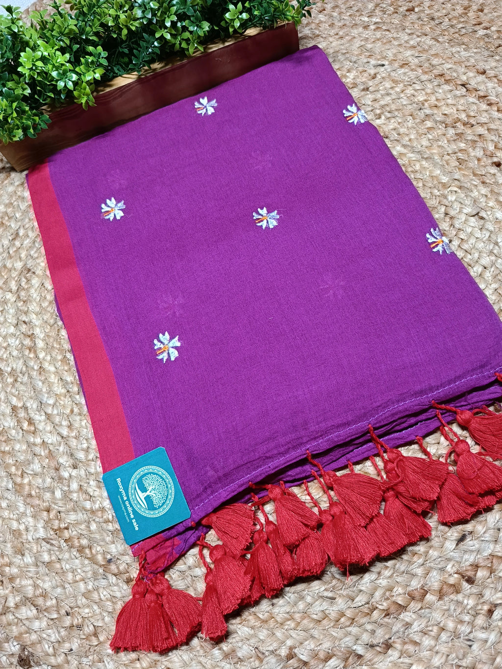 Pure Mulmul Cotton Saree with Seuli Flower Embroidery – Handcrafted Lightweight Bengal Cotton Saree in Purple