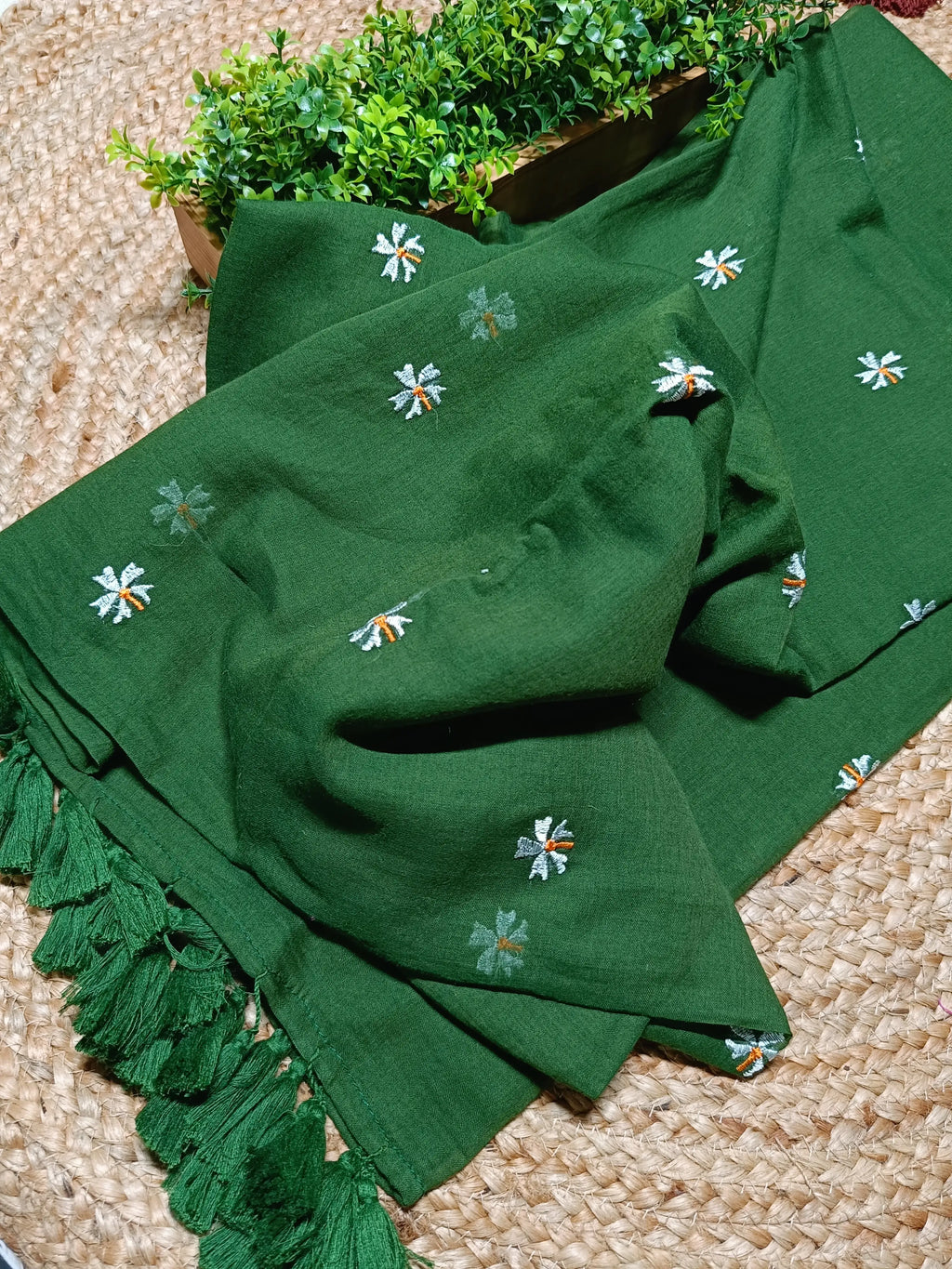 Pure Mulmul Cotton Saree with Seuli Flower Embroidery – Handcrafted Lightweight Bengal Cotton Saree in Bottle Green