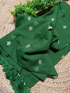 Pure Mulmul Cotton Saree with Seuli Flower Embroidery – Handcrafted Lightweight Bengal Cotton Saree in Bottle Green