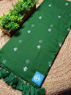 Pure Mulmul Cotton Saree with Seuli Flower Embroidery – Handcrafted Lightweight Bengal Cotton Saree in Bottle Green