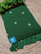 Pure Mulmul Cotton Saree with Seuli Flower Embroidery – Handcrafted Lightweight Bengal Cotton Saree in Bottle Green