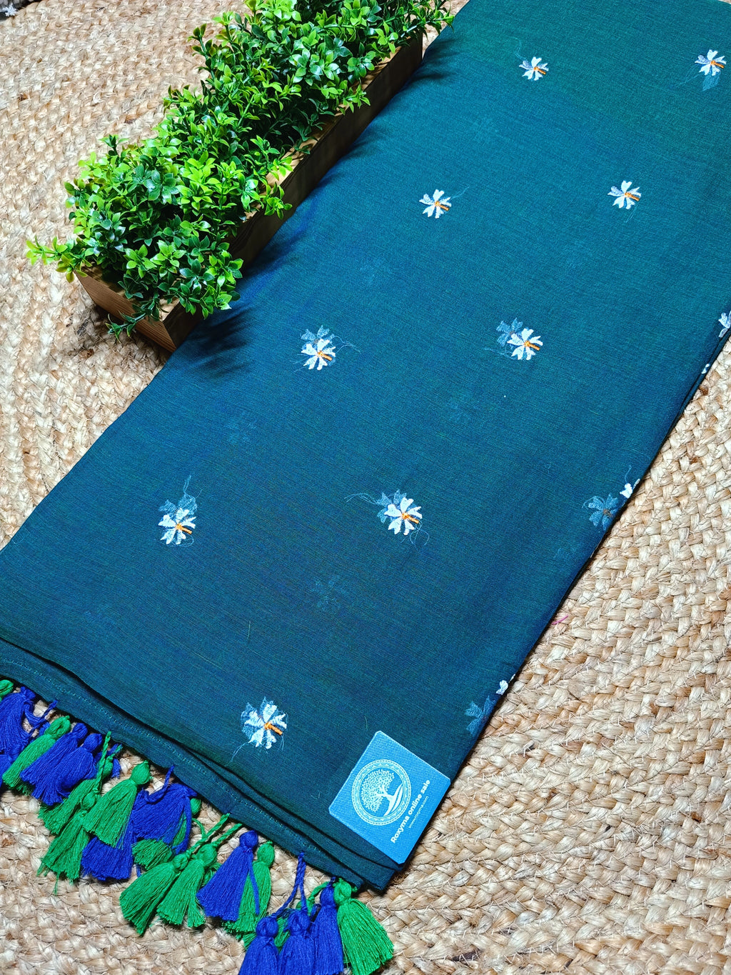 Pure Mulmul Cotton Saree with Seuli Flower Embroidery – Handcrafted Lightweight Bengal Cotton Saree in Teal Green