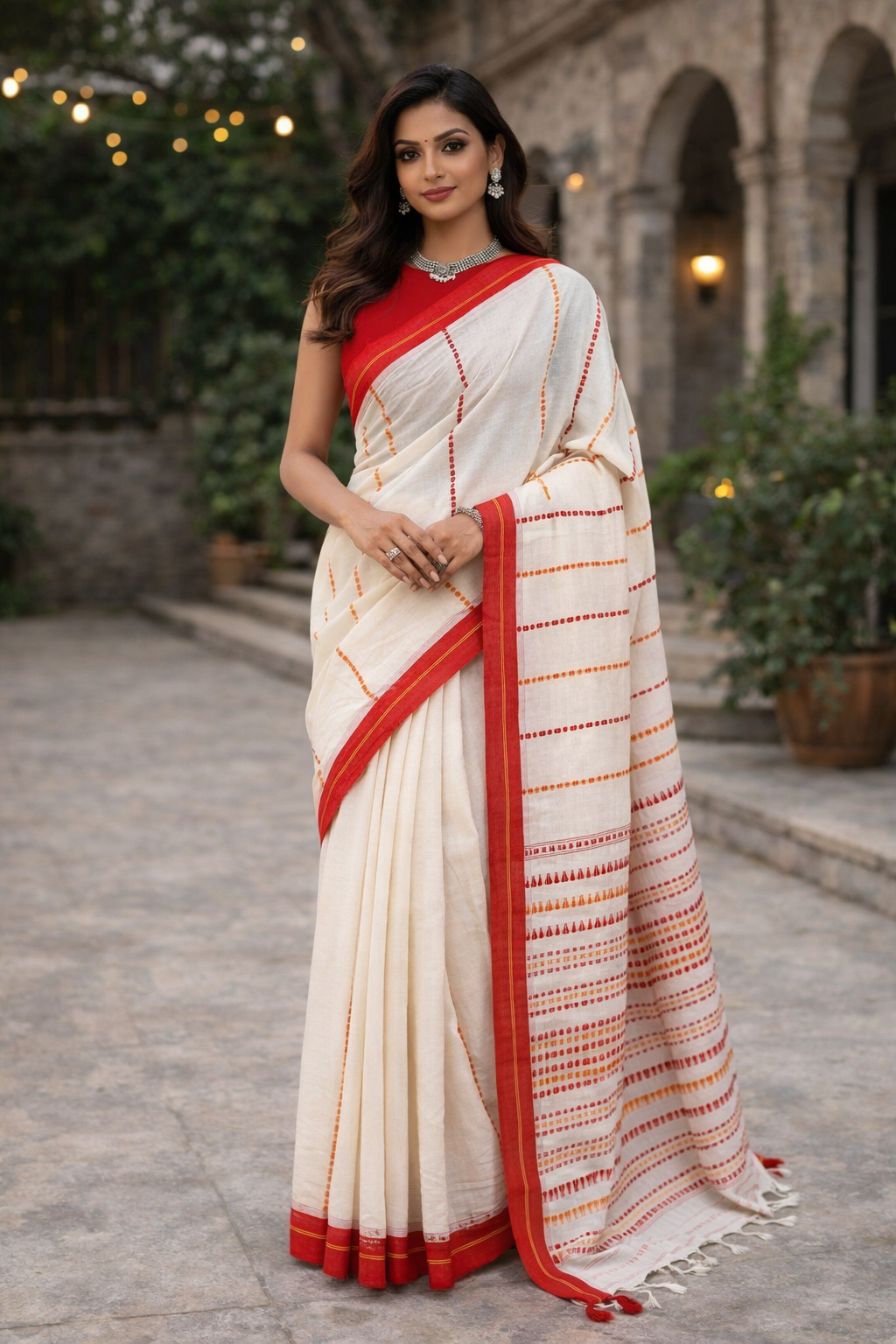 Rakta Rekha – Authentic Bengal Handloom Begampuri Cotton Saree | Off-White with Red Contrast Border