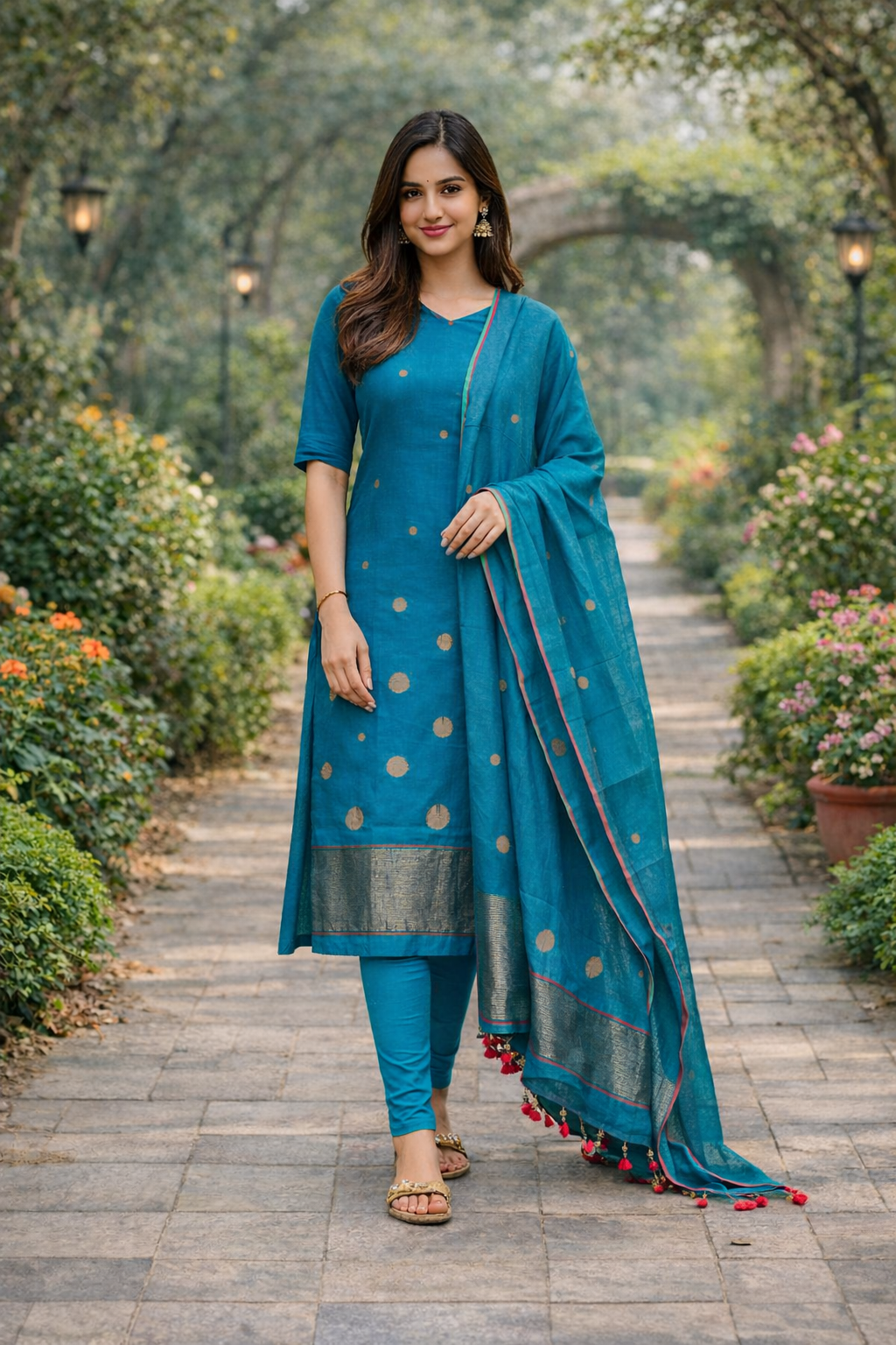Pure Cotton Jamdani Handwoven Unstitched Dress Material Set – Teal Blue Suit Fabric with Dupatta