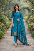 Export Quality Pure Cotton Jamdani Woven Unstitched Dress Material Set – Teal Blue Suit Fabric with Dupatta