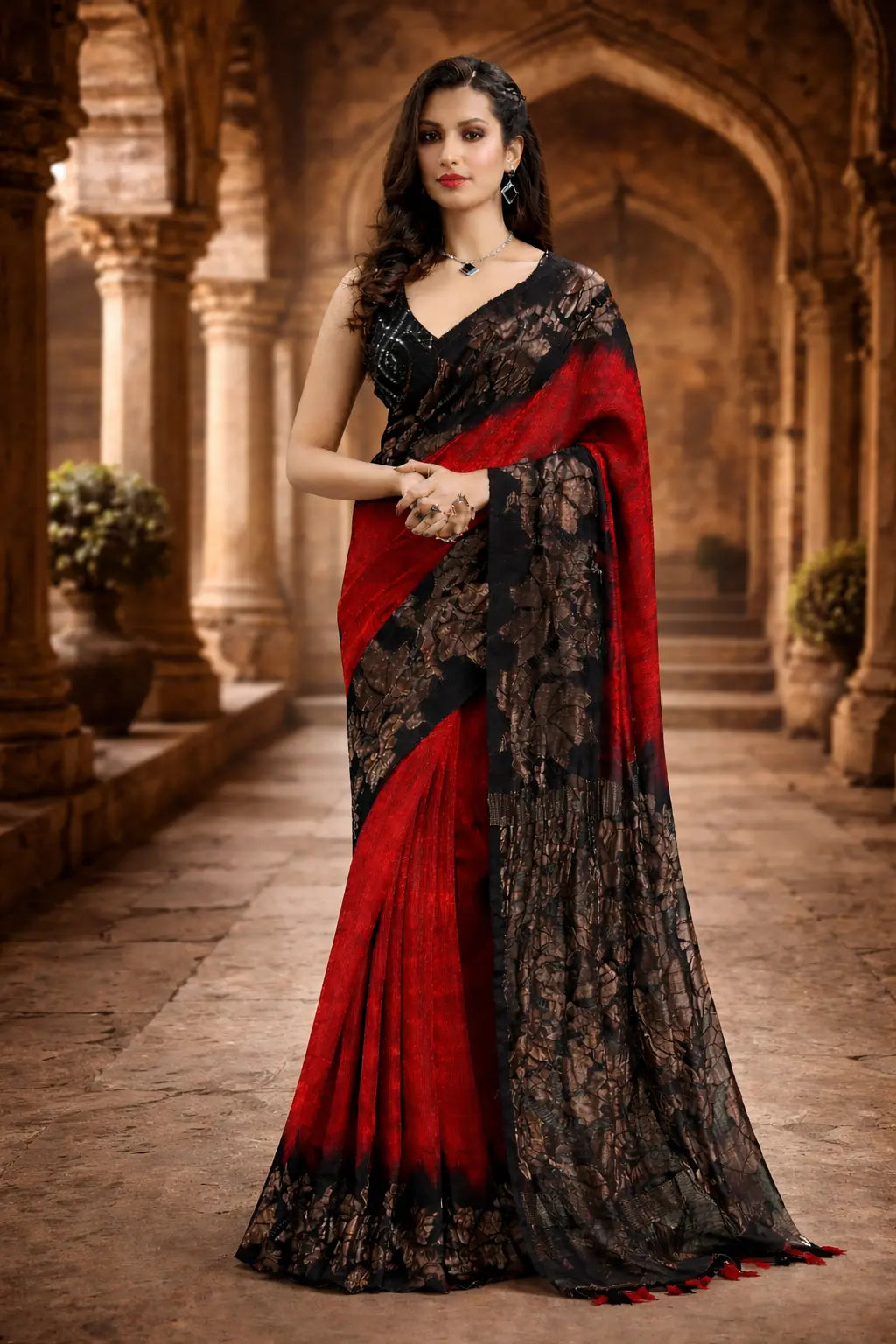 Red & Black Matka Silk Saree with Jamdani Border & Pallu