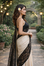 Ivory Matka Silk Saree with Black Jamdani Border & Pallu_1