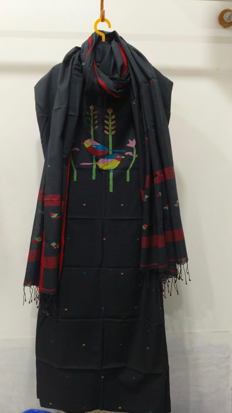 Premium Black Cotton Jamdani Salwar Suit Set with Handwoven Bird Motif Dupatta | 2 Piece Ethnic Set
