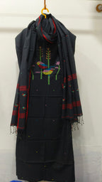 Premium Black Cotton Jamdani Salwar Suit Set with Handwoven Bird Motif Dupatta | 2 Piece Ethnic Set