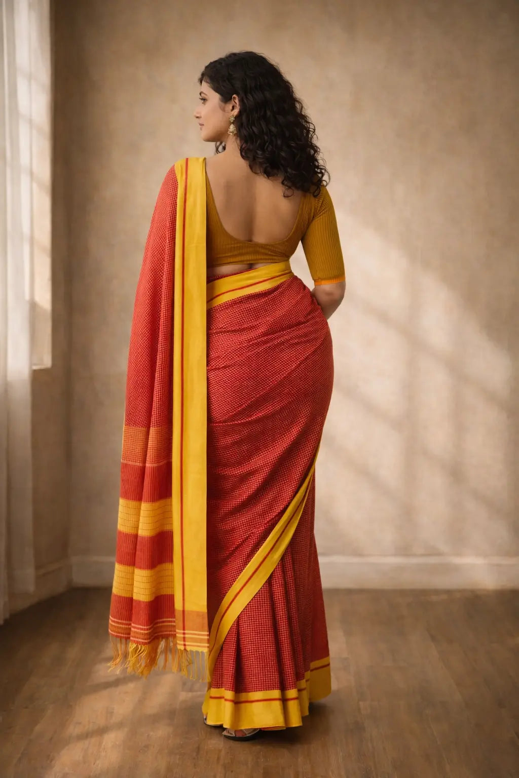 Red & Mustard Patteda Anchu Handloom Cotton Saree 2