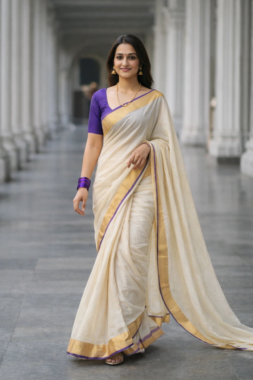 Roxyma Cream Mulmul Cotton Saree With Golden Zari Border