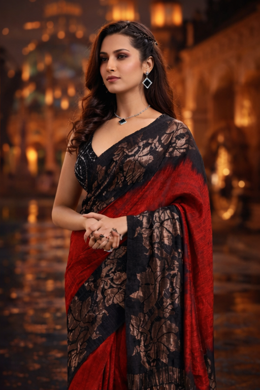 Red & Black Matka Silk Saree with Jamdani Border & Pallu_2