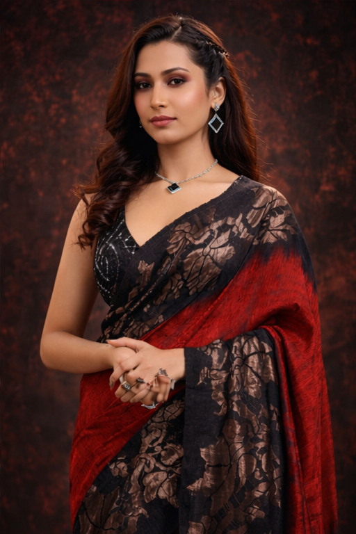 Red & Black Matka Silk Saree with Jamdani Border & Pallu 4