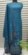 Pure Cotton Jamdani Handwoven Unstitched Dress Material Set – Teal Blue Suit Fabric with Dupatta