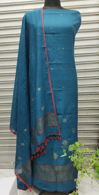 Pure Cotton Jamdani Handwoven Unstitched Dress Material Set – Teal Blue Suit Fabric with Dupatta
