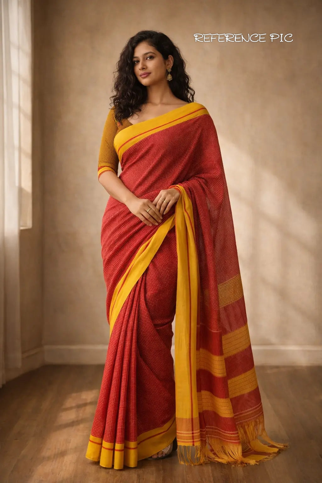 Red & Mustard Patteda Anchu Handloom Cotton Saree