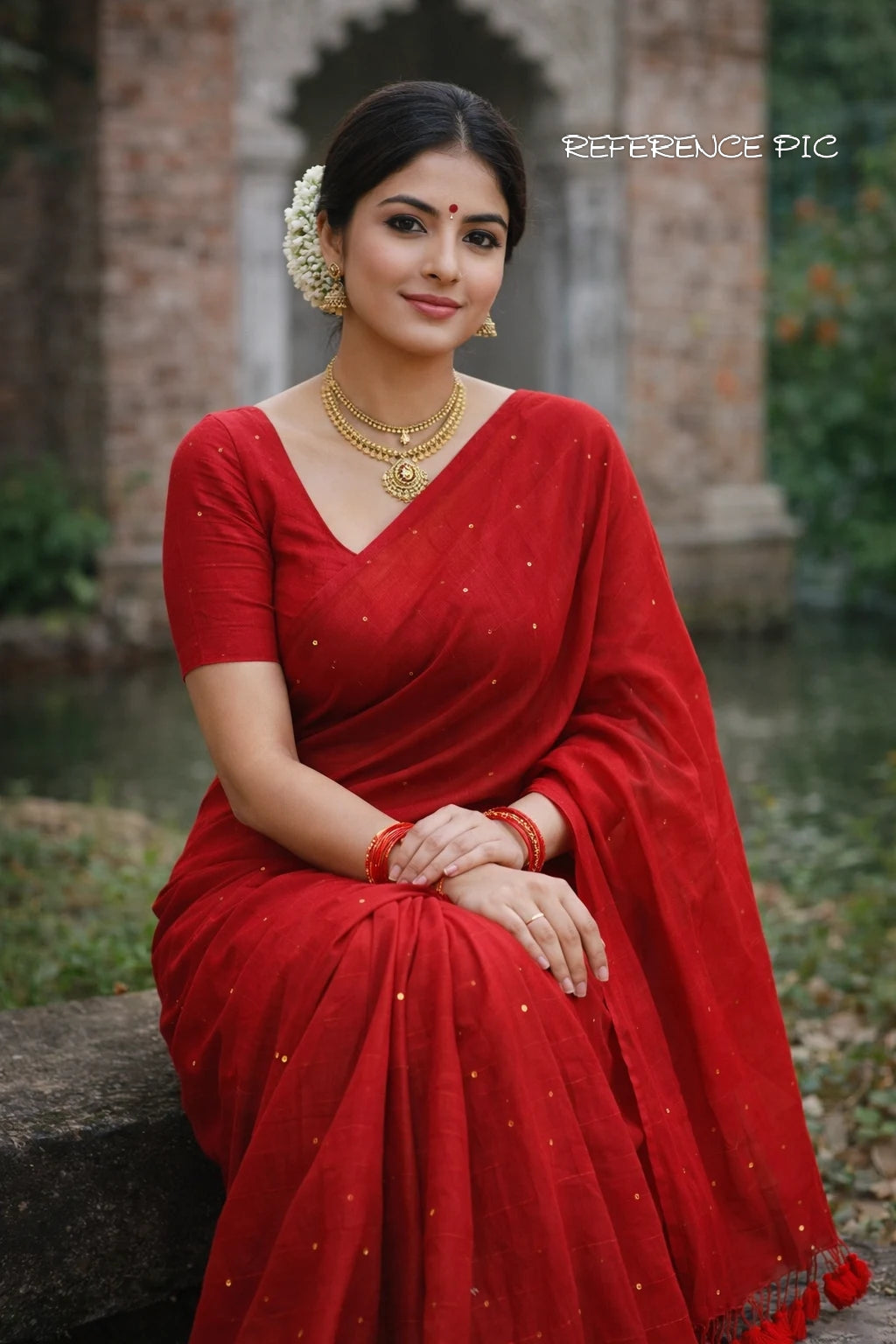 Roxyma Red Mull Cotton Saree with Sequin Work | Soft Handloom Cotton Saree with Tassels