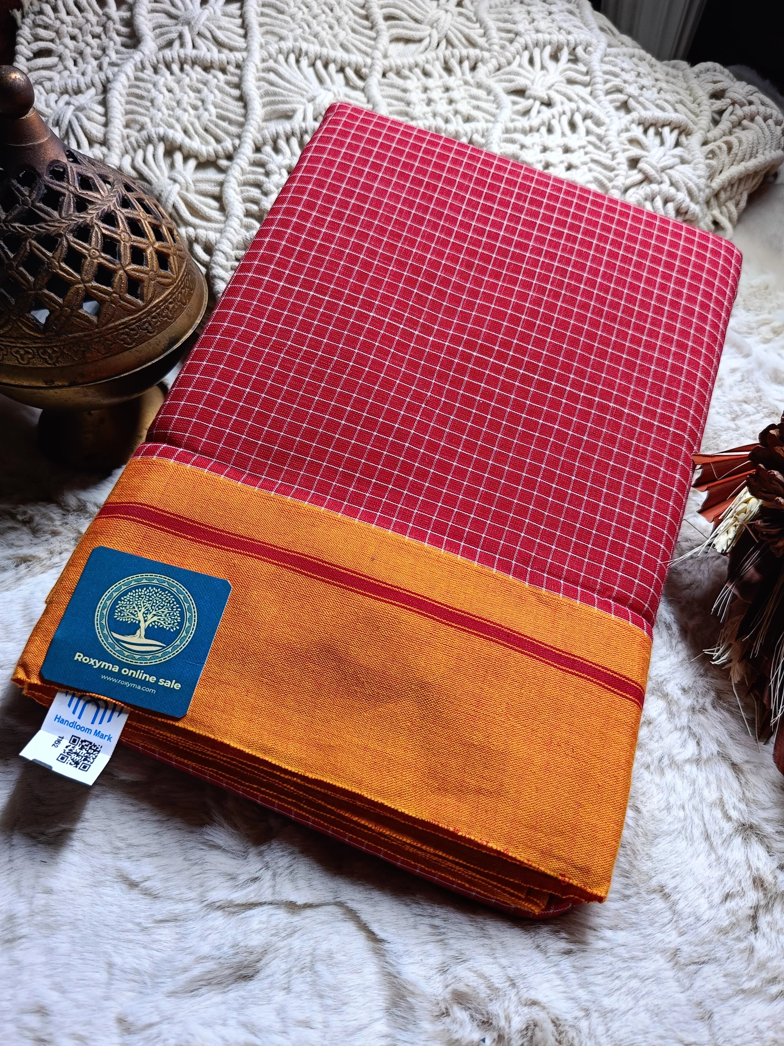 Red & Mustard Patteda Anchu Handloom Cotton Saree 3