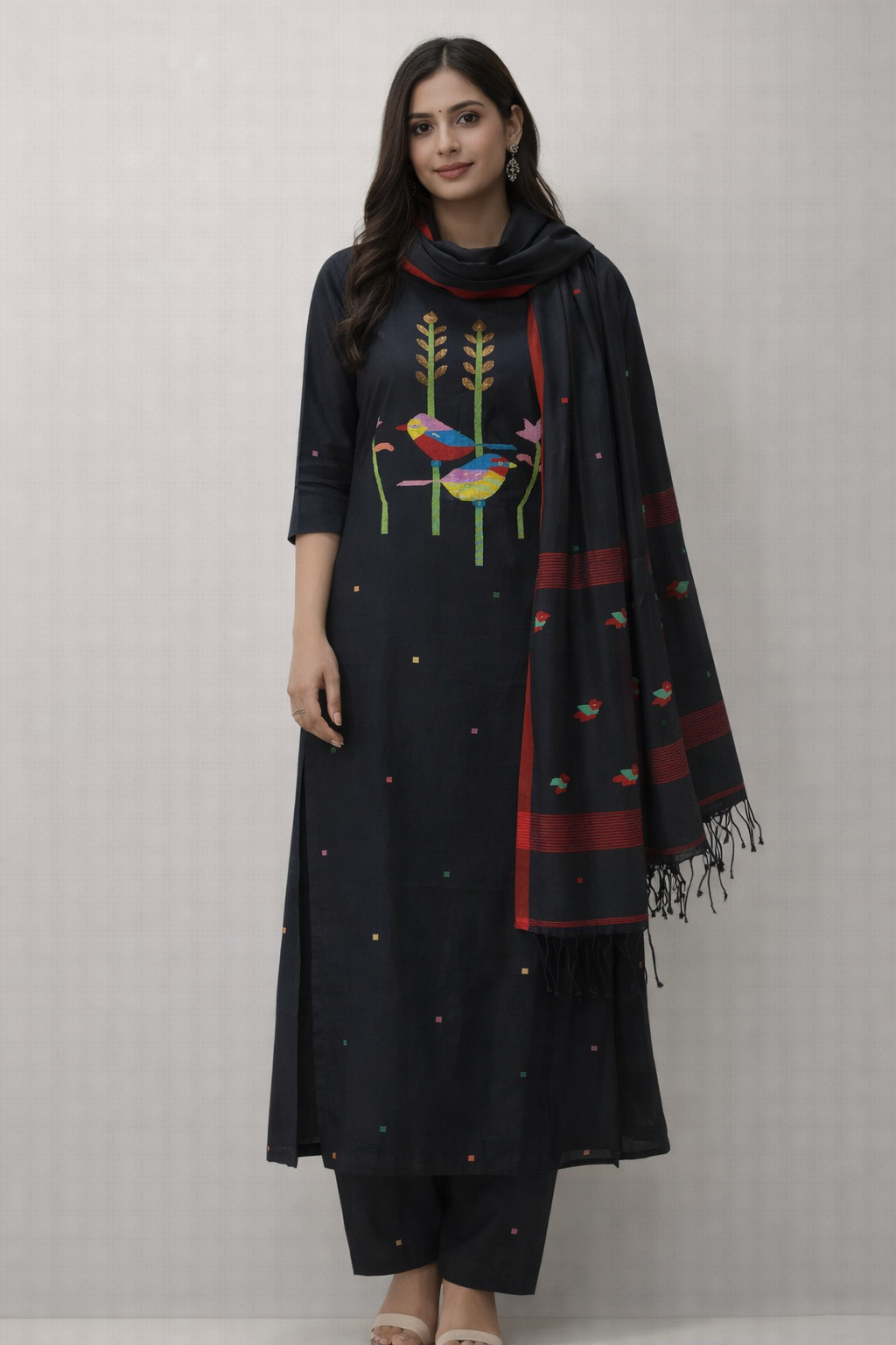 Premium Black Cotton Jamdani Salwar Suit Set with Handwoven Bird Motif Dupatta | 2 Piece Ethnic Set