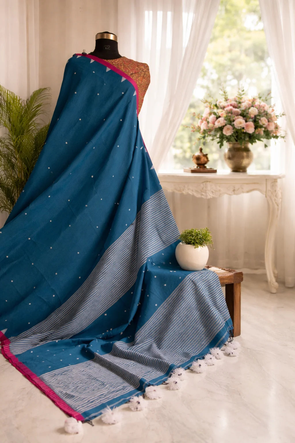 Royal Blue Pure Cotton Jamdani Saree with Handwoven Buti and Striped Pallu | Bengal Handloom Cotton Saree with Running Blouse Piece