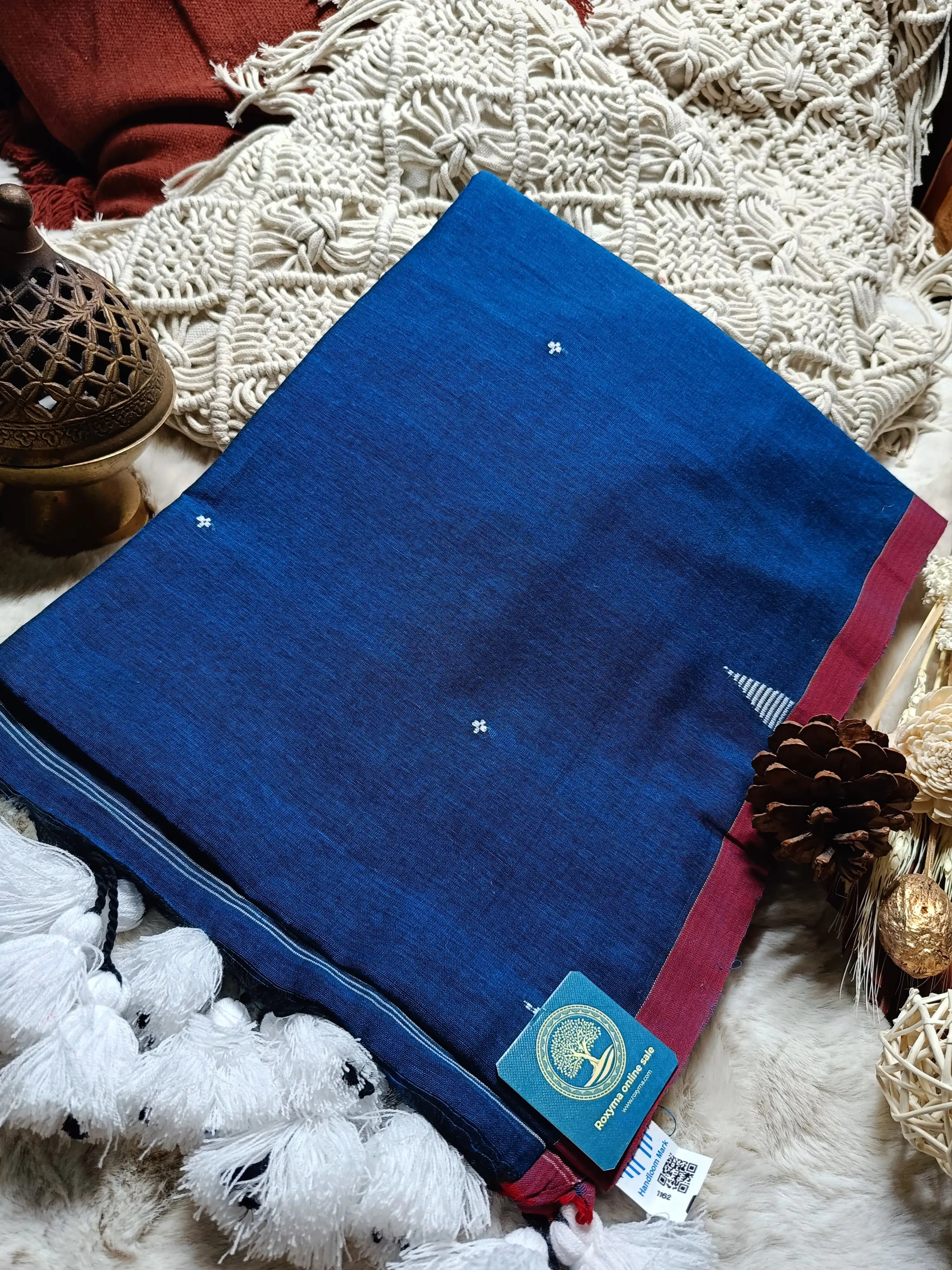 Royal Blue Pure Cotton Jamdani Saree with Handwoven Buti and Striped Pallu | Bengal Handloom Cotton Saree with Running Blouse Piece