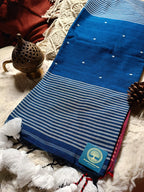 Royal Blue Pure Cotton Jamdani Saree with Handwoven Buti and Striped Pallu | Bengal Handloom Cotton Saree with Running Blouse Piece